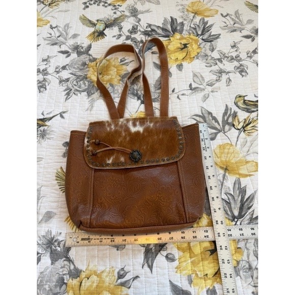 Myra Bag Brown Embossed Leather Backpack with Haircalf Flap main image 4